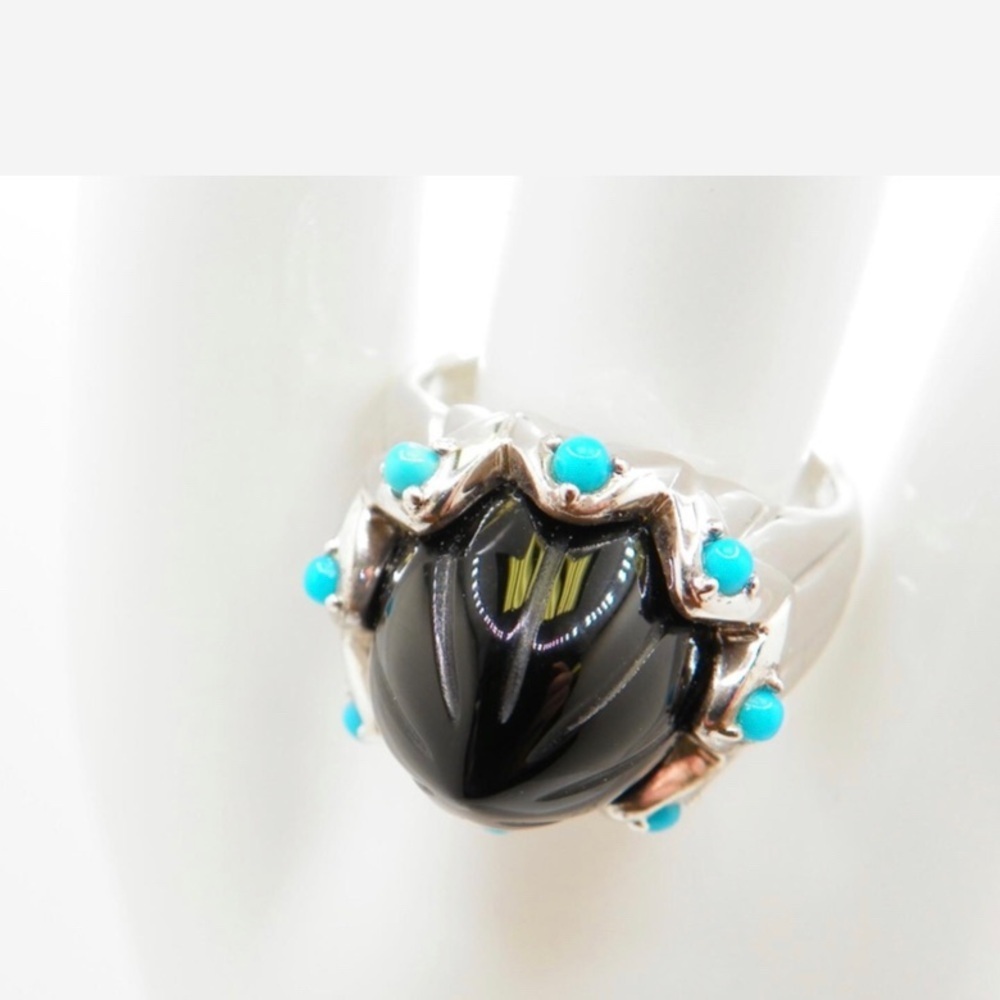 New Turquoise & Onyx rhodium plated 925 sterling Silver Ring Larisa Barrera 9